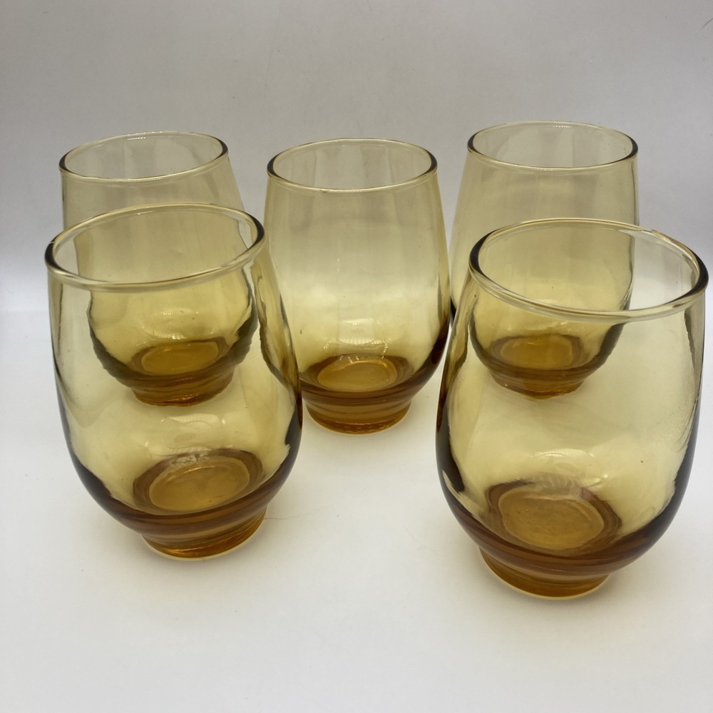 Vintage Set of 5 Libbey Tempo Amber Roly Poly Drink Tumbler Glasses Mid Century